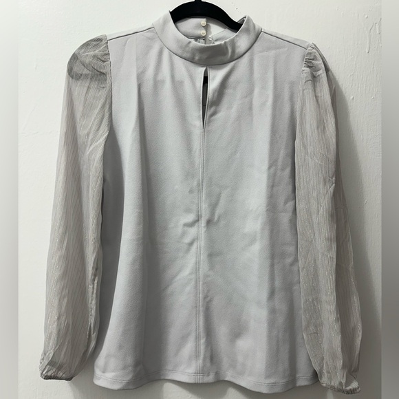 Ann Taylor Gray/ Blue Mock Neck Blouse - Picture 2 of 5